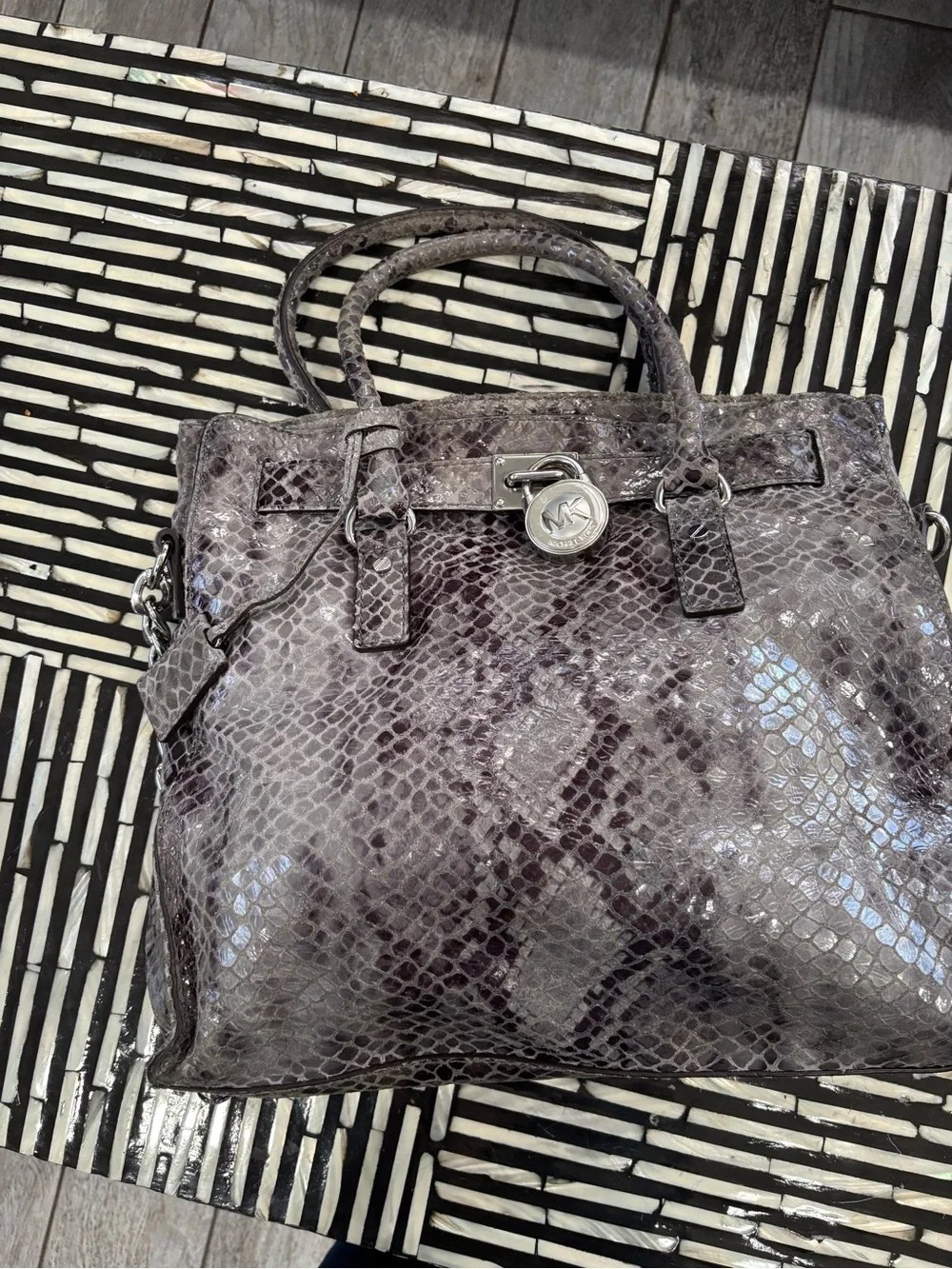 Authentic Michael Kors Gray Snakeskin-Embossed Satchel with Silver Hardware